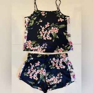 Victoria's Secret Navy and White Floral Satin Cami/Shorts Set- Size S